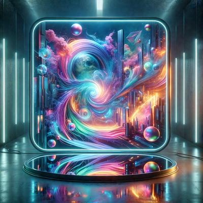 The primary subject of the image is a large, colorful, and abstract artwork displayed on a glass table. The artwork features a combination of bright colors and swirling patterns, creating a visually striking and vibrant scene. The setting is a room with a backdrop of a wall, and the visual style appears to be a mix of digital art and illustration. The overall atmosphere is lively and energetic, with the artwork serving as a focal point in the space.